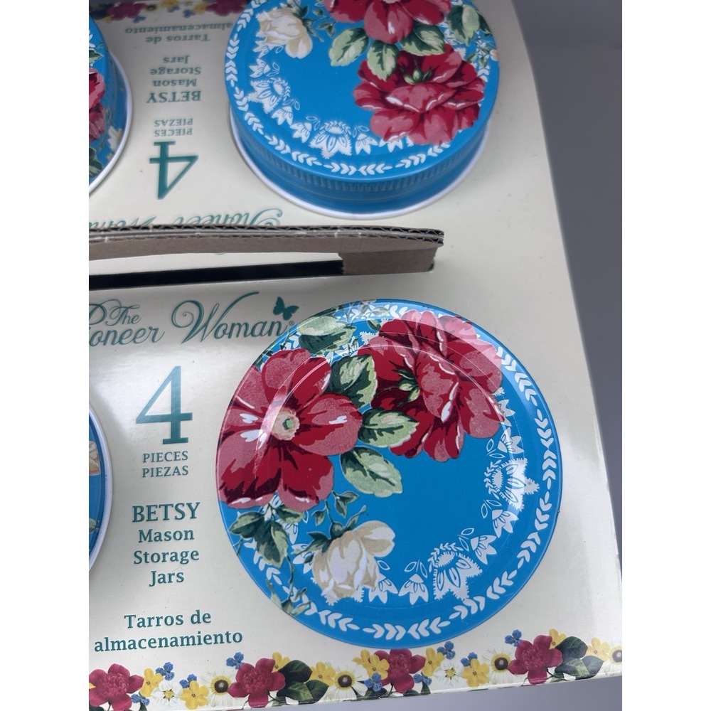 The Pioneer Woman Set of 4 Betsy Mason Storage Jars 32oz Lt Teal Floral Lids NIB - Picture 4 of 6